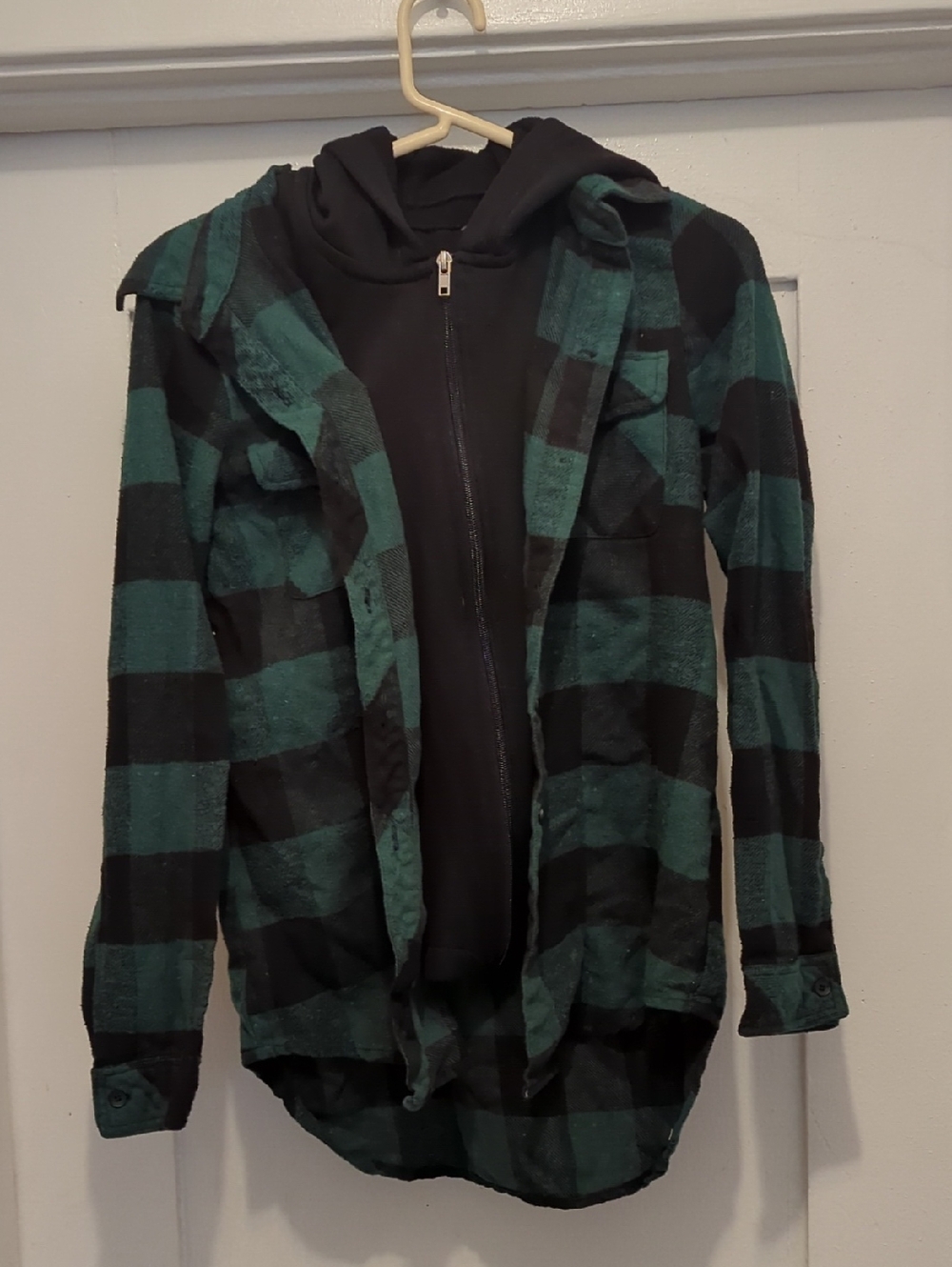 Green and Black Buffalo Plaid Hooded Zipper Jacket